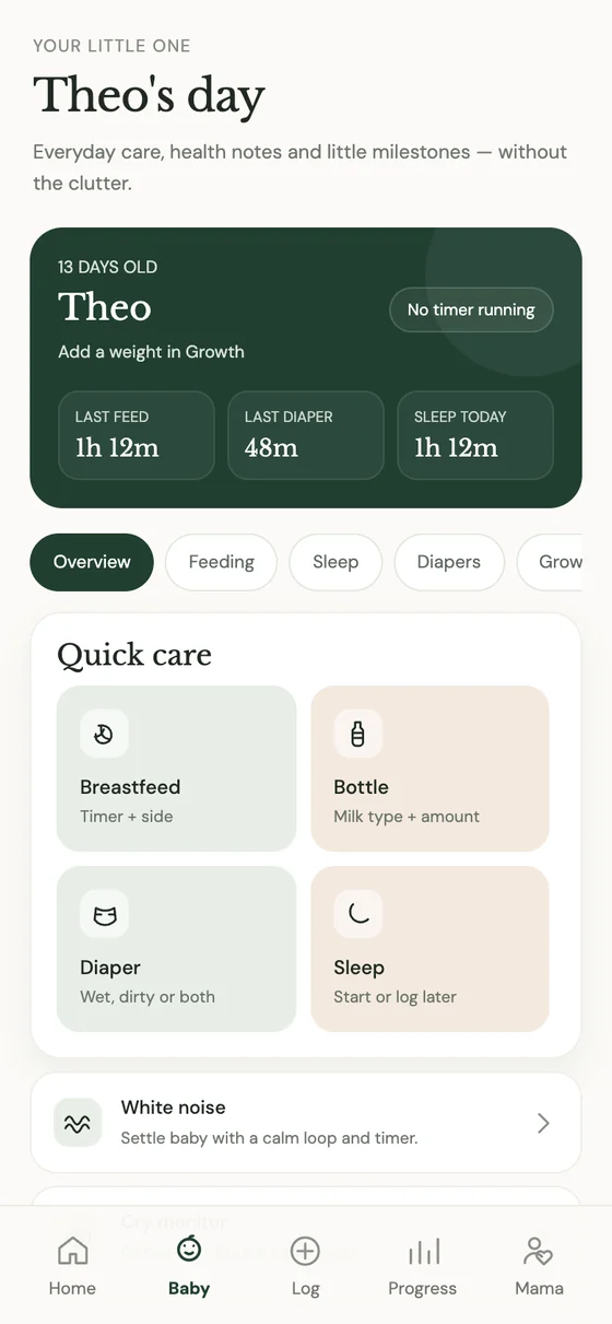 Baby screen with last feed, diaper and sleep