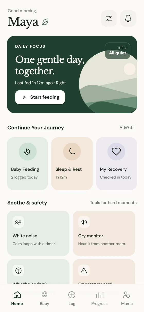 The Kukumuma home screen greeting a parent with ‘One gentle day, together.’